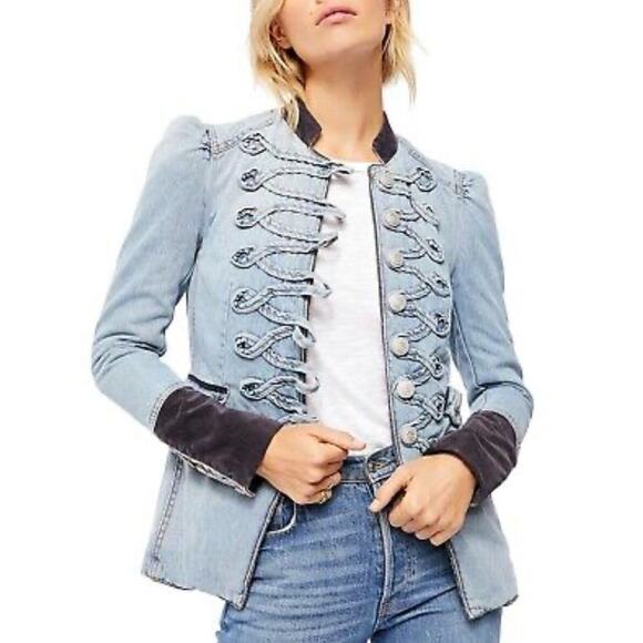 Free People Cadet Seamed Structured Military Blue Denim Jacket Small - Picture 1 of 5